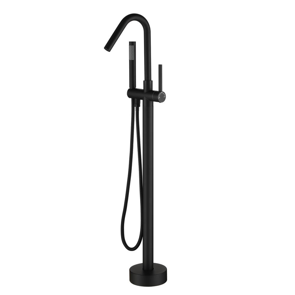 Boyel Living Modern Sleek Floor Mount Single-Handle Freestanding Tub Faucet with Hand Shower and Water Supply Hoses in. Matte Black