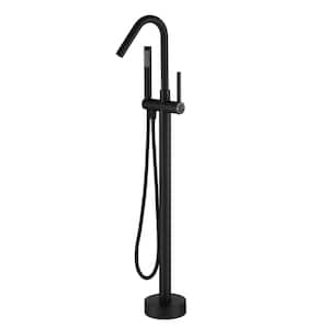 Modern Sleek Floor Mount Single-Handle Freestanding Tub Faucet with Hand Shower and Water Supply Hoses in. Matte Black