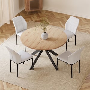 5-Piece White Chairs and  Round Oak Wood Top, Dining Table Set, Dining Room Set with 4-Modern Chairs
