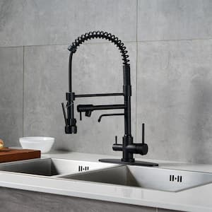 Double-Handles Pull Down Sprayer Kitchen Faucet with Drinking Water, Pull Out Spray Wand in Solid Brass in Matte Black