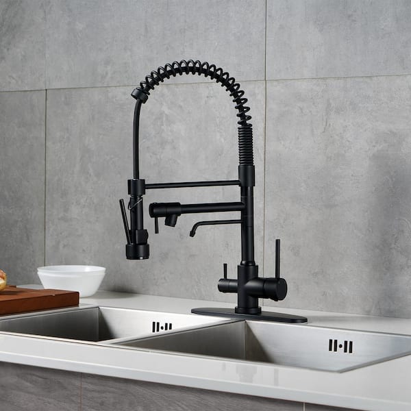 Double-Handles Pull Down Sprayer Kitchen Faucet with Drinking Water, Pull Out Spray Wand in Solid Brass in Matte Black