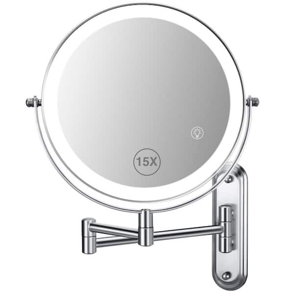 Modern 17.6 in. W x 14.4 in. H Round with Light 15x Magnifying Wall Bathroom Makeup Mirror in Chrome, Rectangular Base