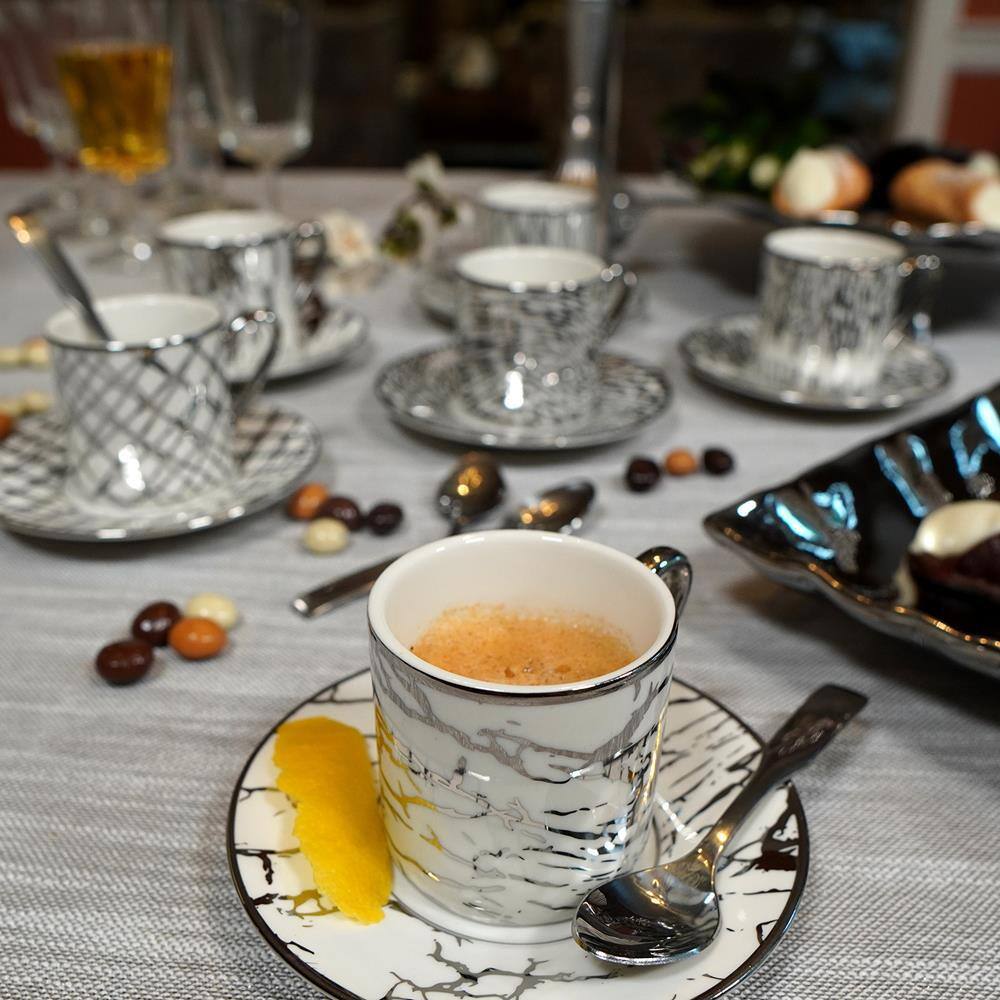 Matrix Silver Ceramic Espresso Cup and Saucer Set of 6