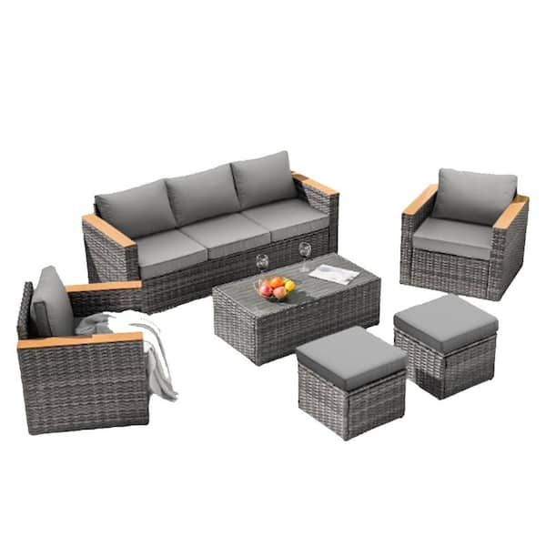 Sudzendf 6-Pieces Outdoor Wicker Sofa Set, Patio Furniture sofa set, with Gray Cushions