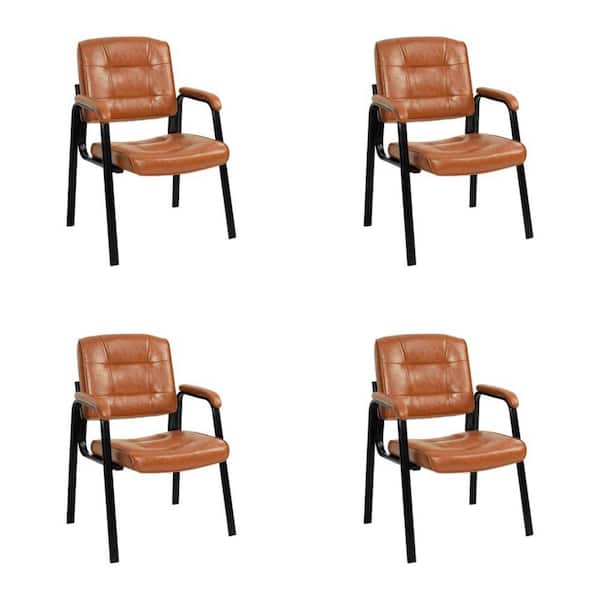 Set of 4 Caramel Office Guest Chairs, Upholstered Leather Executive Waiting Room Chairs with Armrests for Lobby