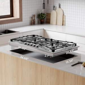 36 in. Recessed Gas Stove Cooktop with Modern Design 5 Italy SABAF 3.0 Sealed Burners in Stainless Steel