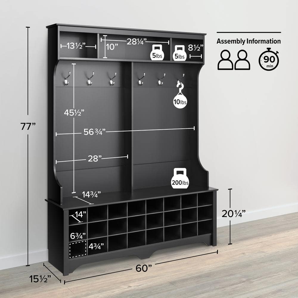 Black Wood Hall Tree with Bench and 24 Shoe Cubbies