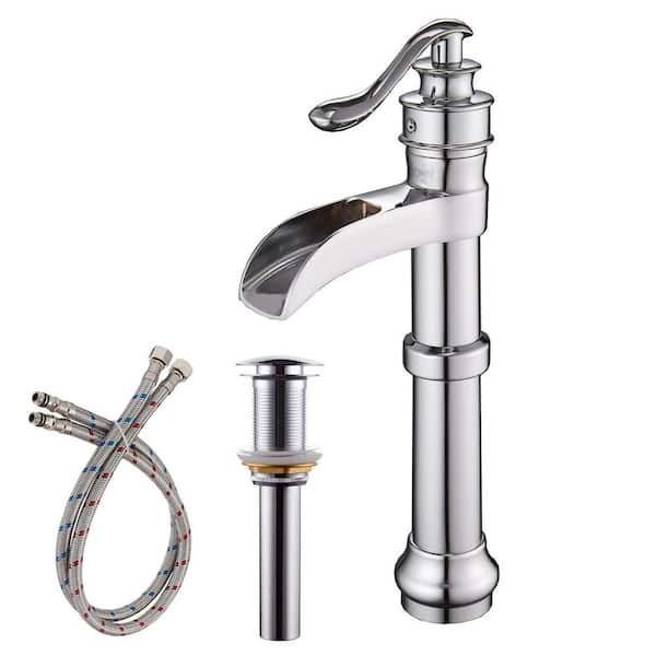 Fapully Single Handle Vessel Sink Faucet with Pop-Up Drain Waterfall Single Hole Tall Bathroom Faucet in Chrome