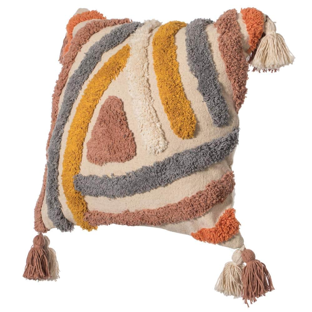 DEERLUX 16 in. x 16 in. Multicolor Handwoven Cotton Throw Pillow Cover with Tufted Line Pattern and Double Tassel Corners