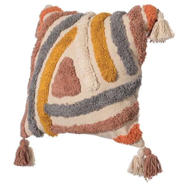 DEERLUX 16" x 16" Handwoven Cotton Throw Pillow Cover with Tufted Line Pattern and Double Tassel Corners with Filler, Multicolor