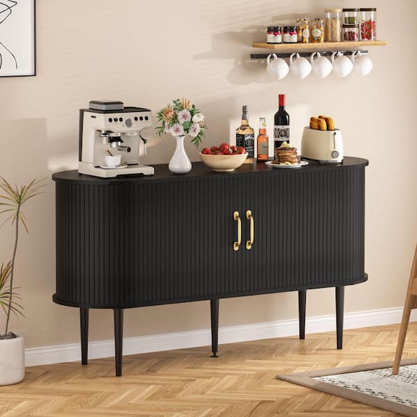 Black MDF 54.3 in. W Sideboard Storage Cabinet with Sliding Tambour Panel Doors
