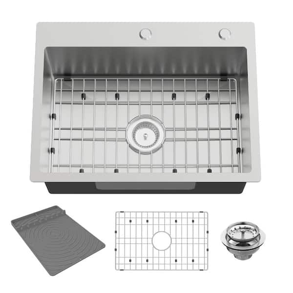 24 in. Drop In Single Bowl Stainless Steel Topmount Bar and Kitchen Sink with Bottom Grid and Mat