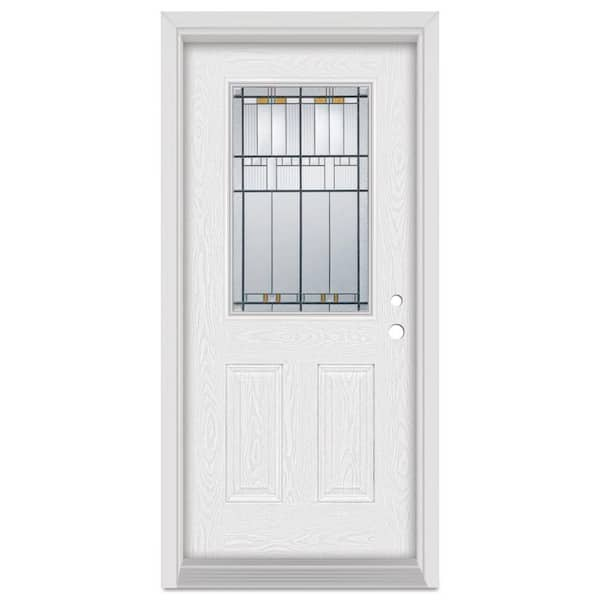 Stanley Doors 32 in. x 80 in. Neo-Deco Zinc Full Lite Painted White Left-Hand Inswing Steel Prehung Front Door, Prefinished White/Zinc Glass Caming