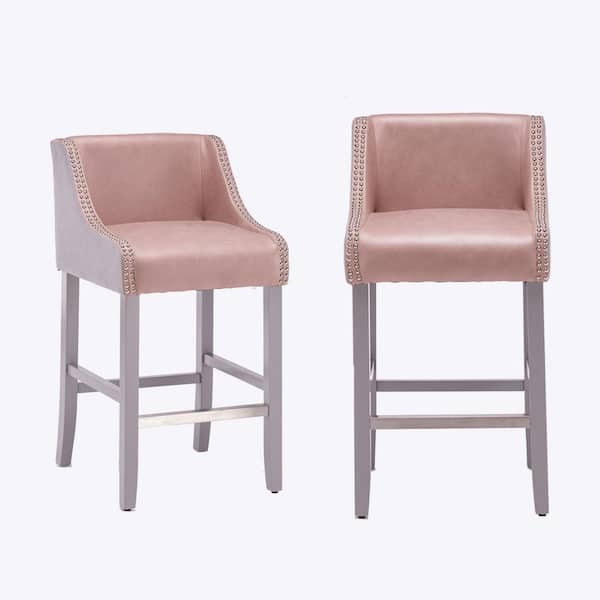 mieres Modern Stylish High Barstool with Accent Nailhead Trim and Pedal, Assorted Colors Leathaire Fabric (Set of 2)