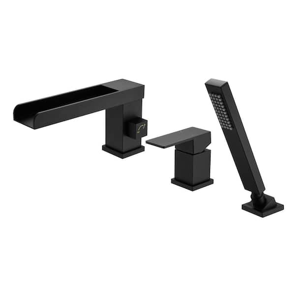 SUMERAIN Waterfall Single Handle Tub Deck Mount Roman Tub Faucet with Hand Shower in Matte Black