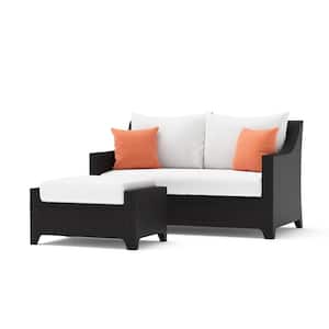 Deco Wicker Outdoor Loveseat with Ottoman and Sunbrella Cast Coral Cushions