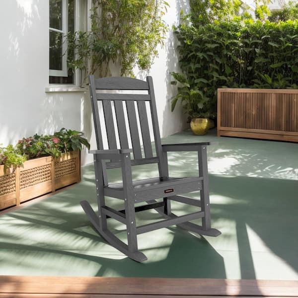 TenKa Gray HDPE Plastic Patio Outdoor Rocking Chair All Weather Resistant Porch Rocker for Lawn Garden(1 Pack)