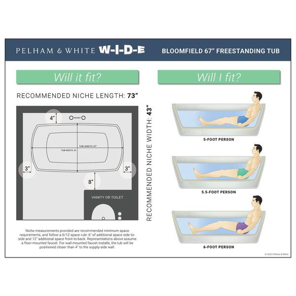 W-I-D-E Series Bloomfield 67 in. Acrylic Freestanding Tub in White, Drain in White