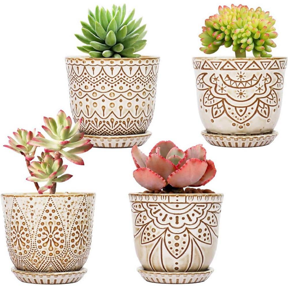 ITOPFOX Bohemian 3.7 in. L x 4 in. W x 4 in. H Cream White Ceramic Round Indoor Planter (4-Pack ...