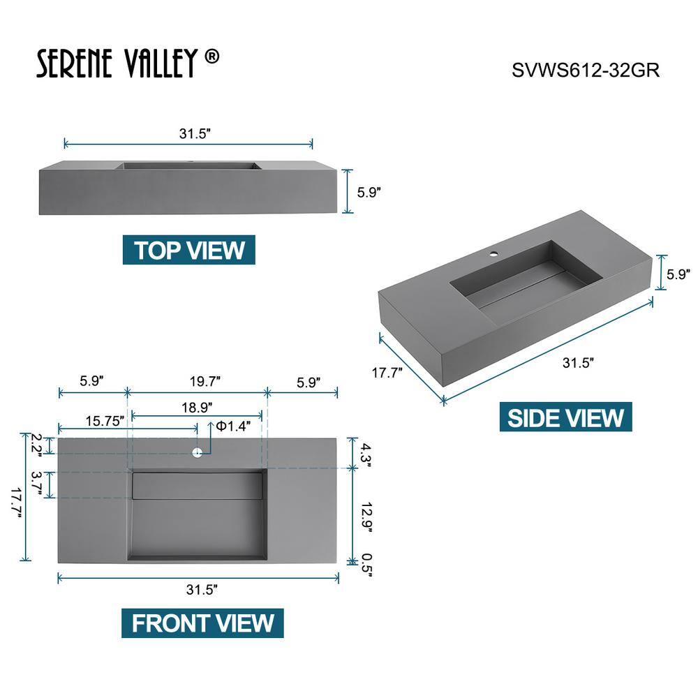 Matte Gray Rectangular Solid Surface Wall-Mount Bathroom Sink
