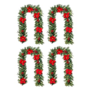 6 ft. Pre-Lit Greenery Pine Red Poinsettia and Berries Christmas Garland, with 50 Warm White Lights and Timer (Set of 4)