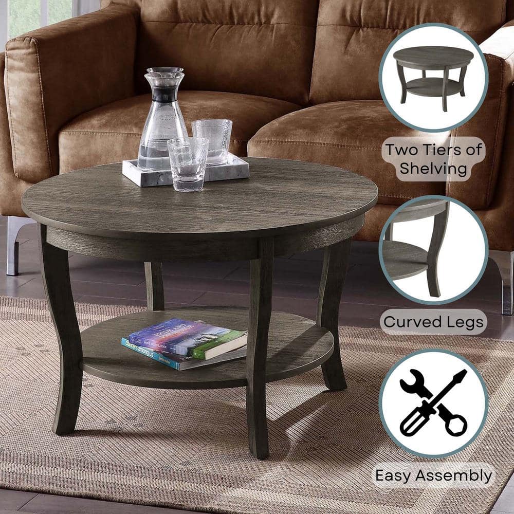 Dark Gray Round Wood Coffee Table with Shelf