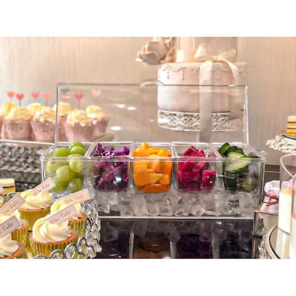 Clear Plastic Chilled Condiment Server Caddy with Hinged Lid for Fruit Salad Sauce Food Storage 1-Piece