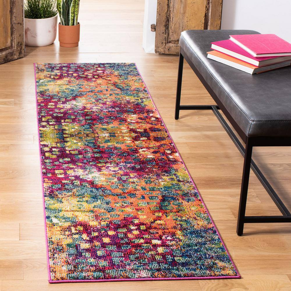 Pink and Multicolor Geometric Synthetic Runner Rug