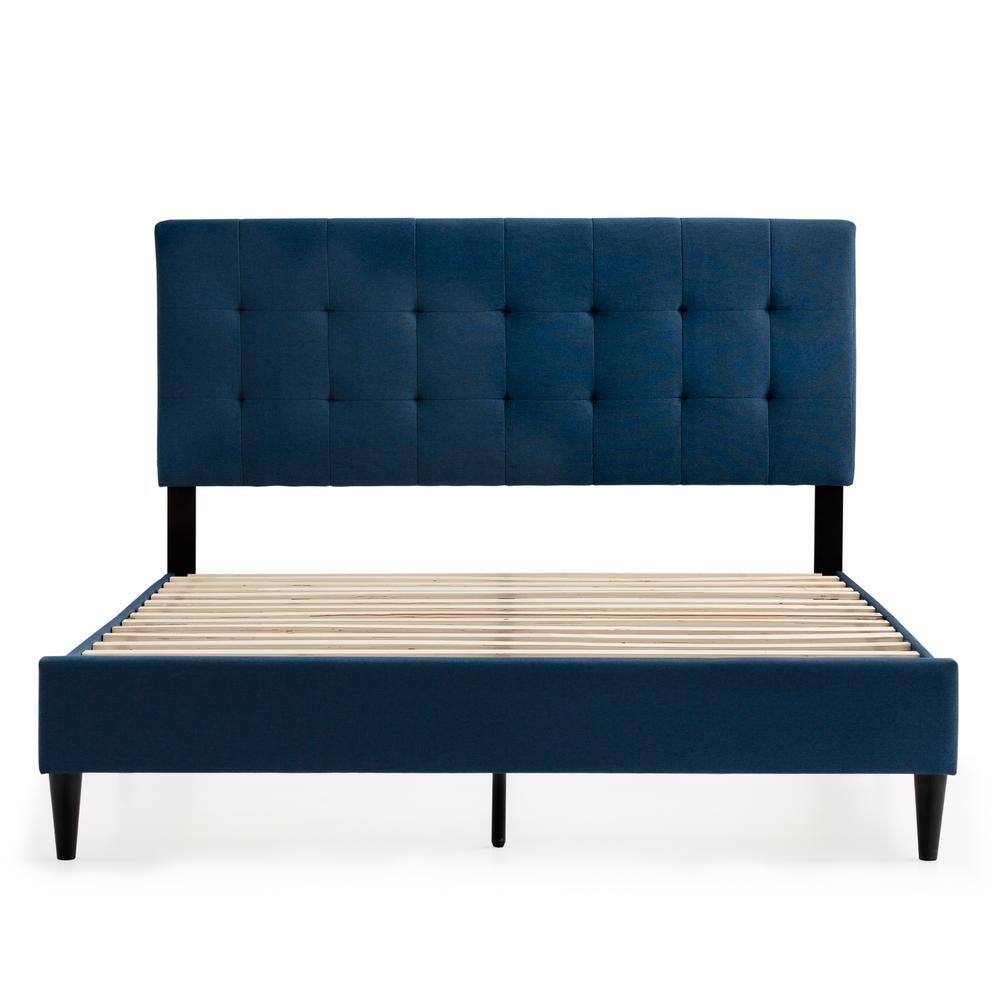 King-Sized Navy Linen-Tufted Upholstered Platform Bed with Wooden Slats