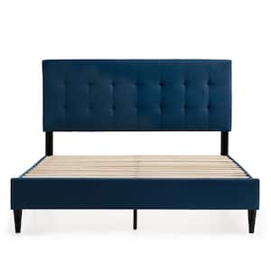Mary Blue Navy Wood Frame Full Platform Bed with Square Tufted Headboard