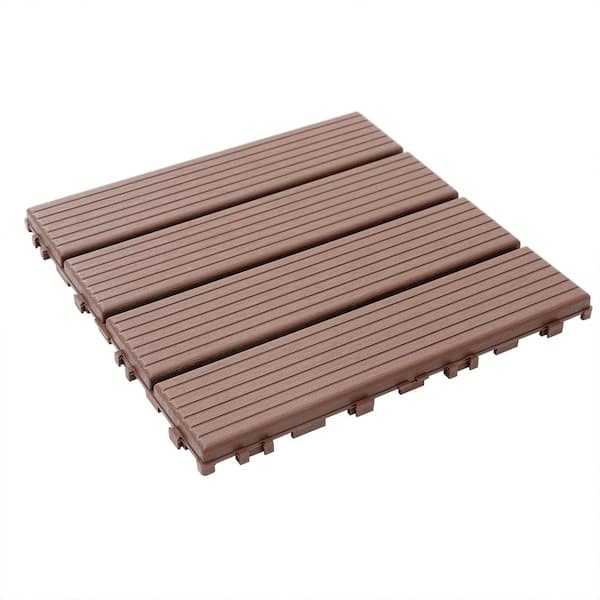 GOGEXX 12in.Wx12in.L Outdoor Backyard Striped Pattern Square PVC Interlocking Flooring Deck Tiles(Pack of 44Tiles)Brown
