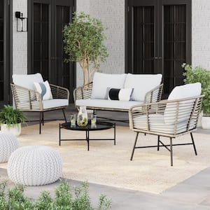 Flow Bohemian 3-Piece Wicker Patio Set Patio Loveseat and Chair Conversation Set Pale Gray Cushion and Black Metal Frame