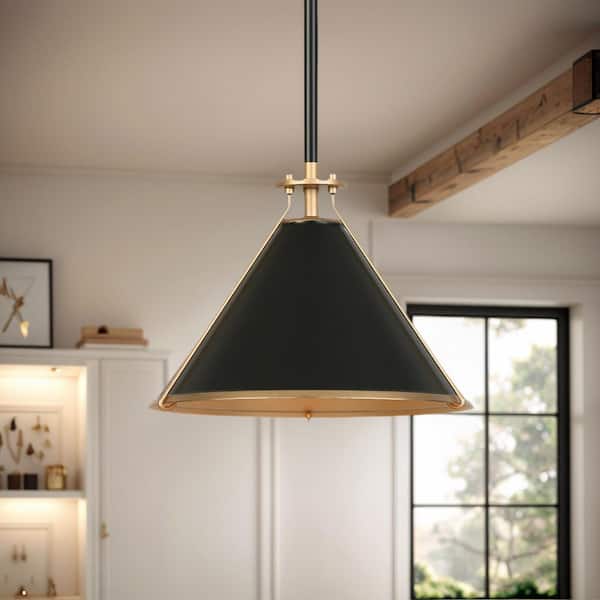 Zevni Mid-Century Modern 1-light Matte Black and Dark Gold Pendant Light with Cone Shade, Hanging Lamp for Kitchen Island