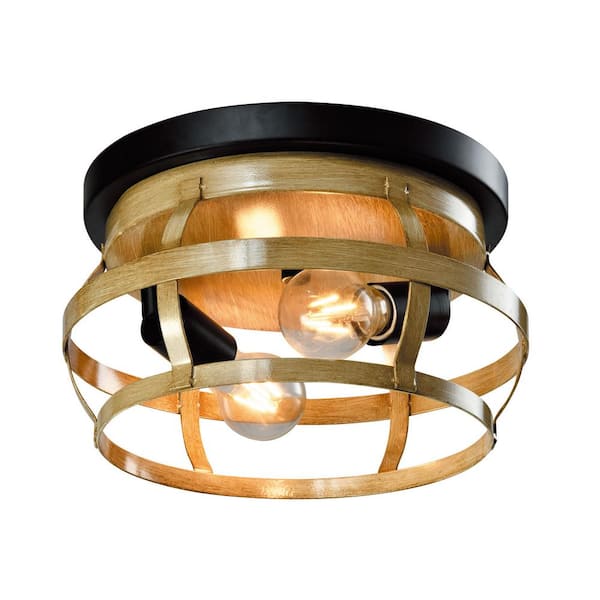 Maxax Springfield 11.81 in. 2-Light Wood/Black Flush Mount Ceiling Light