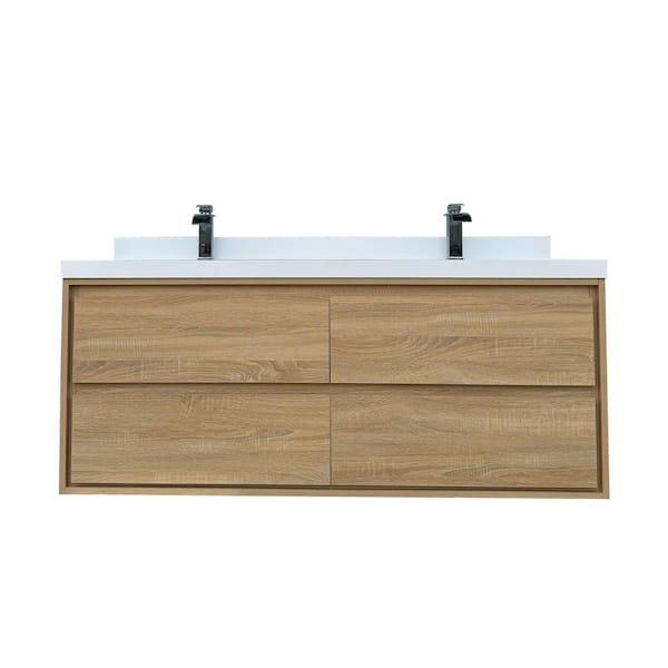 60 in. W x 20 in. D x 26 in. H Double Sink Wall Mounted Bath Vanity in Oak with White Cultured Marble Top
