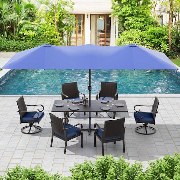 Halmuz 8-Piece Metal Patio Outdoor Dining Set with Back-Woven, Swivel Chairs, Rectangular Table, Umbrella and NavyBlue Cushions