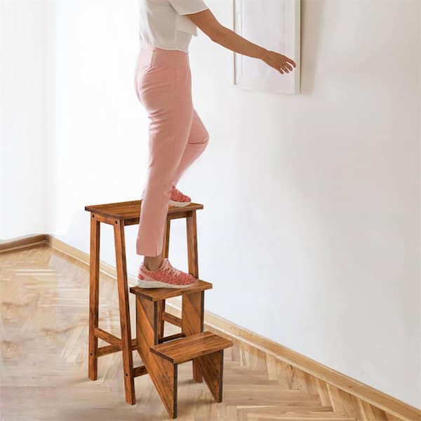 Coffee 3-Tier Folding Step Stool 3-in-1-Rubber Wood Ladder Storage Shelf