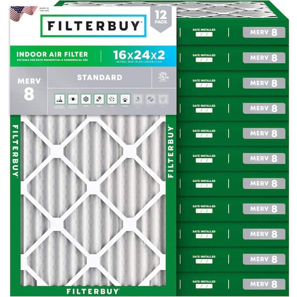 16 in. x 24 in. x 2 in. MERV 8 (FPR 5) Dust Defense Pleated HVAC AC Furnace Air Filters Replacement (12-Pack)