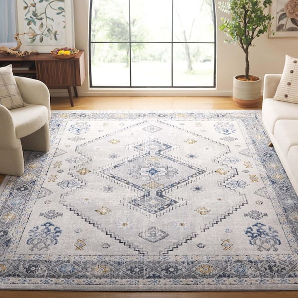 Odyssey 9 ft. x 12 ft. Gray/Blue Gold Ornate Border Area Rug
