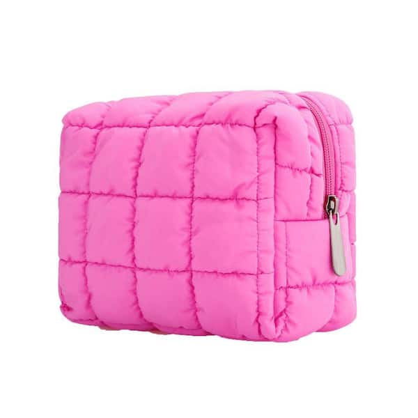 Hot Pink Quilted Makeup Toiletry Bag, Small Cosmetic Pouch for Travel and Daily Use, Soft Cotton with Zipper Closure