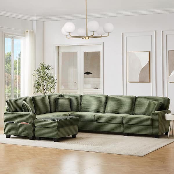 125.2 in. Square Arm Corduroy L-Shaped Sofa in Green with A Movable Ottoman and Side Storage Pockets