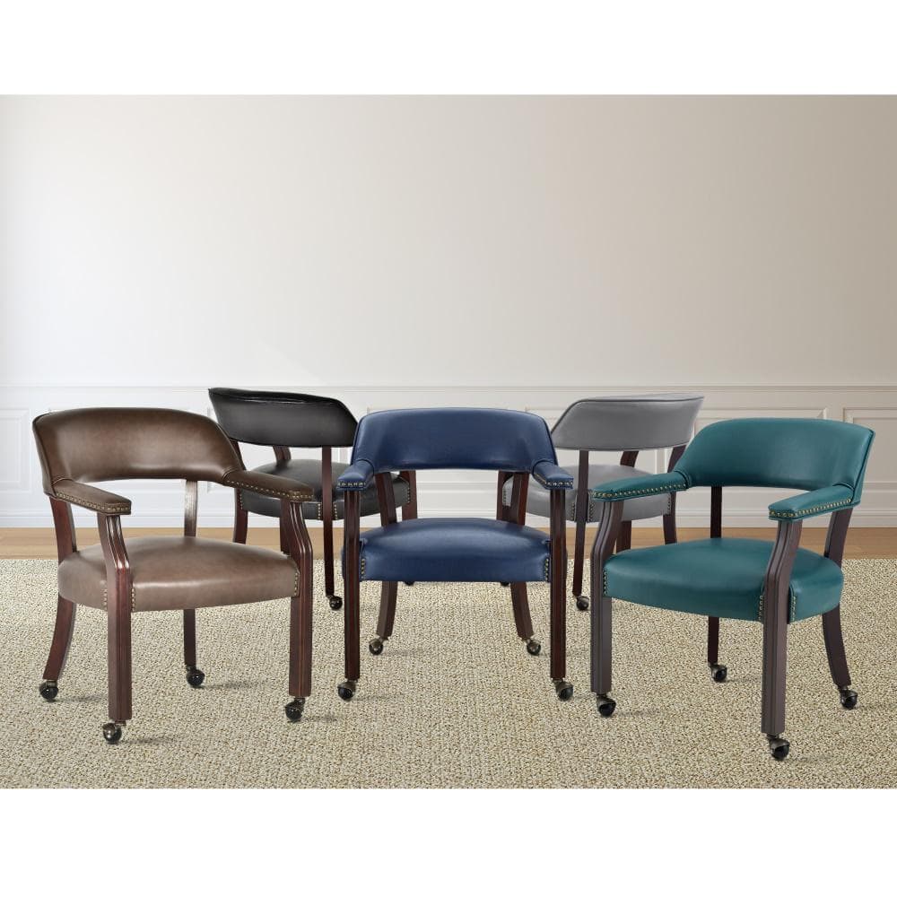 Blue Faux Leather Upholstered Wood Arm Chair