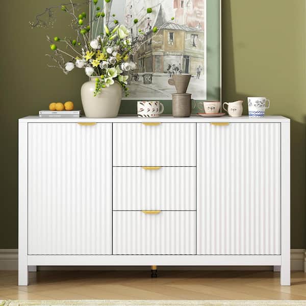 White MDF 47.2 in. W Sideboard with 3 Adjustable Shelves and 3 Drawers