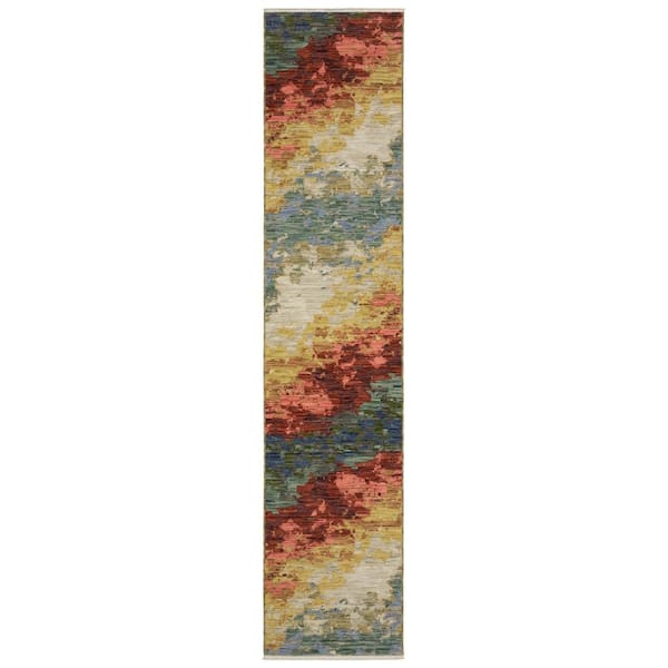 2 ft. x 12 ft. Beige Abstract Washable Area Rug