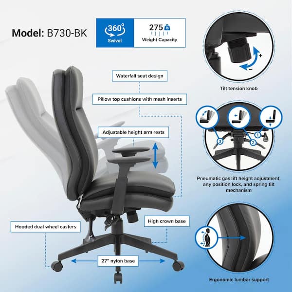 Boss Office Products Black Contemporary Ergonomic Adjustable Height Swivel  Upholstered Task Chair