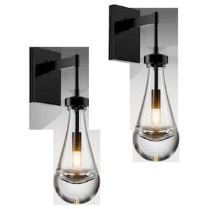 5 in. 1-Light Black Wall Sconce, Raindrop Wall Lighting with Hand Blown Solid Glass, Brass Base and Rod, (2 Sets)