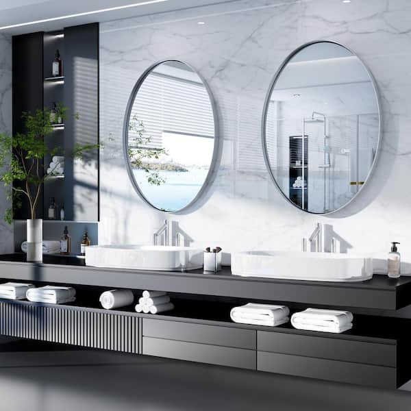 Oval Wall Mirror 24x36 Inches - Brushed Nickel Stainless Steel Frame, HD Glass, Z-Bar Mount For Bathroom Or Living Room