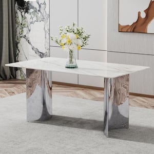 White/Sliver Imitation Marble Glass Sticker Top 71 in. Double Pedestal Dining Table Seats for 6
