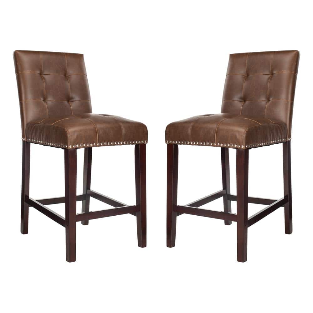 Nikita Brown Birch Wood Counter Stools with PU Leather, Set of 2