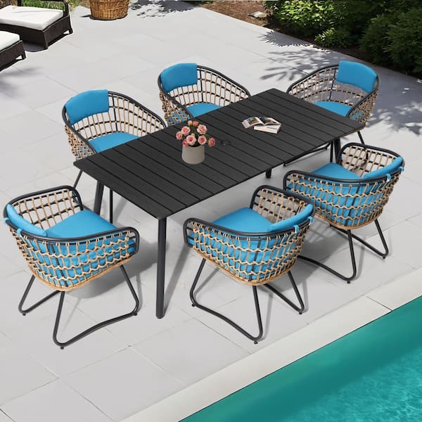 Pellebant 7-Piece Wicker Metal Aluminum Rectangular Outdoor Dining Set with Blue Cushion